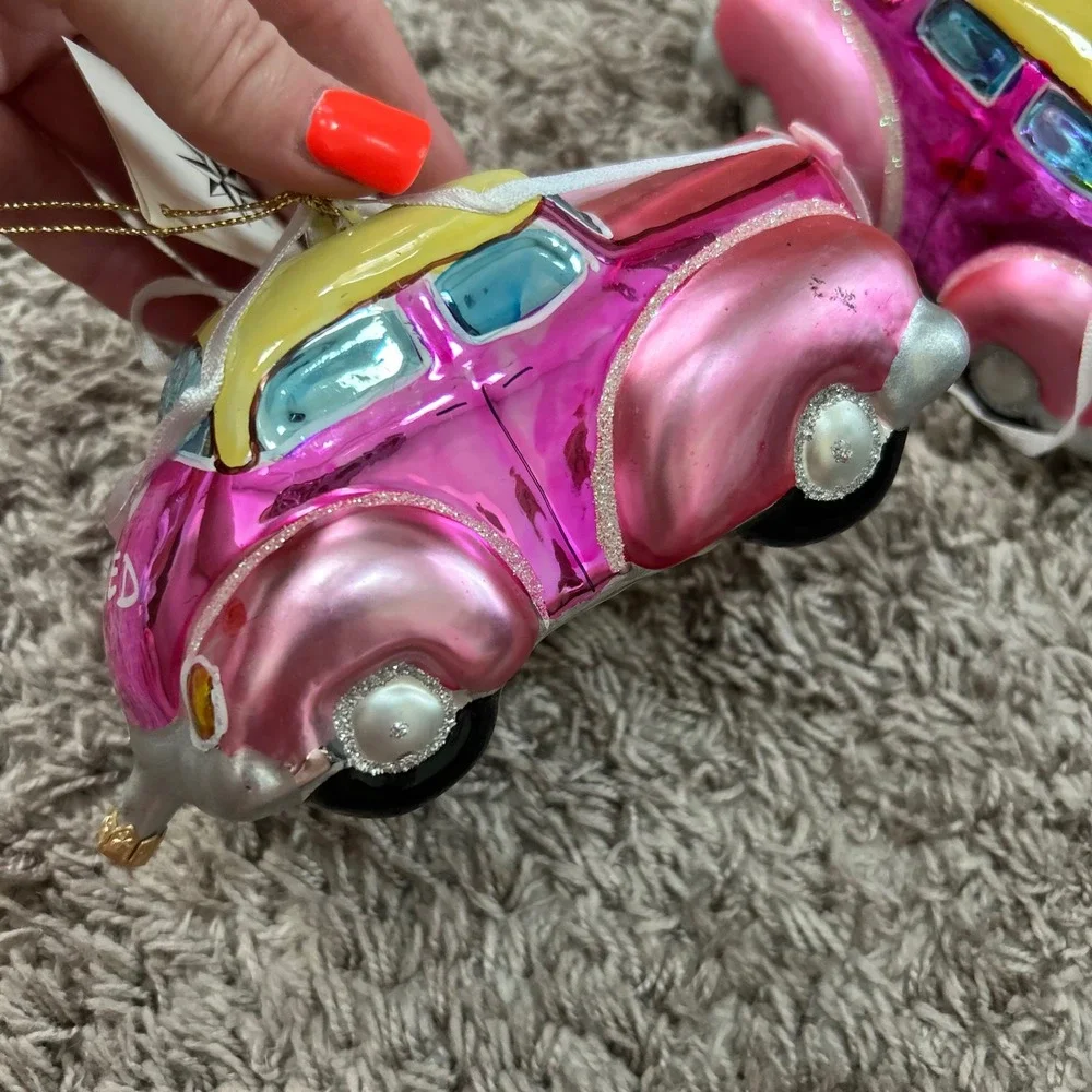 Vintage Christopher Radko 1998 Married Away Ornaments Set‎ 2 Pink Wedding Car